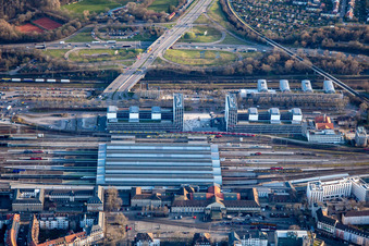 Aerial view of Main station in the district Südweststadt in Karlsruhe in the state Baden-Wuerttemberg, Germany