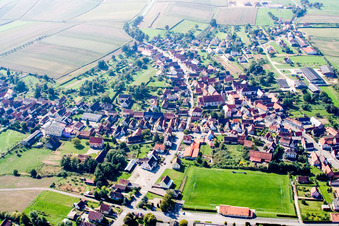 Oblique view of Village - view on the edge of agricultural fields and farmland in Riedseltz in Grand Est, France
