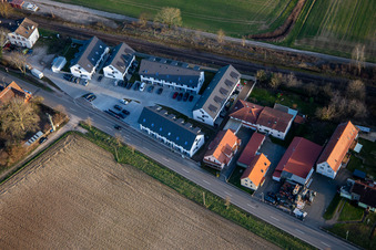 Aerial view of New terraced housing development at Schaidt train station in Steinfeld in the state Rhineland-Palatinate, Germany