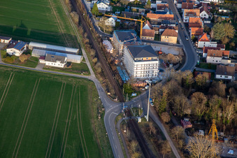 Aerial photograpy of New construction of age-appropriate apartments at the railway crossing in the district Schaidt in Wörth am Rhein in the state Rhineland-Palatinate, Germany