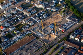 Aerial view of Construction site Am Wall from the west in the district Linkenheim in Linkenheim-Hochstetten in the state Baden-Wuerttemberg, Germany
