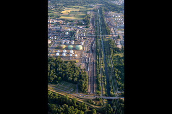 Freight railway line in the MIRO in the district Knielingen in Karlsruhe in the state Baden-Wuerttemberg, Germany