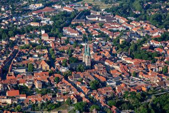 Aerial view of Market Church of St. Benedict in Quedlinburg in the state Saxony-Anhalt, Germany