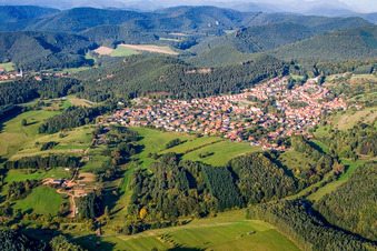 Aerial view of View of the town from the southwest in Busenberg in the state Rhineland-Palatinate, Germany