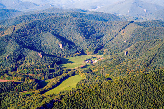 Aerial view of Bärenbrunnerhof in the Bärenbrunner Valley in Busenberg in the state Rhineland-Palatinate, Germany