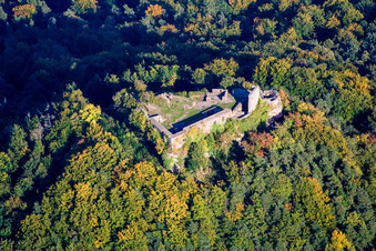 Aerial photograpy of Ruins and vestiges of the former castle and fortress Lindelbrunn in Vorderweidenthal in the state Rhineland-Palatinate