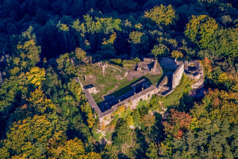 Aerial view of Lindelbrunn Castle Ruins in Vorderweidenthal in the state Rhineland-Palatinate, Germany