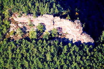 Oblique view of Ruins and vestiges of the former castle and fortress Lindelbrunn in Vorderweidenthal in the state Rhineland-Palatinate