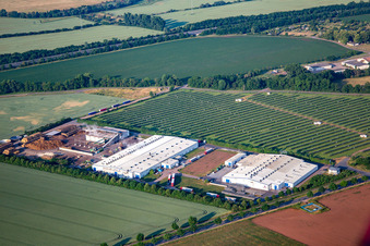 Pilzhof Pilzsubstrat Wallhausen GmbH in front of the solar field Wallhausen in Wallhausen in the state Saxony-Anhalt, Germany