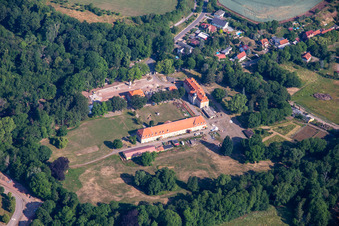 Aerial view of Bernstein Schloss Meisdorf and Waldhotel Forsthaus GmbH in the district Meisdorf in Falkenstein in the state Saxony-Anhalt, Germany