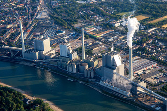 Aerial view of Large power plant Mannheim GKM from the south in the district Neckarau in Mannheim in the state Baden-Wuerttemberg, Germany