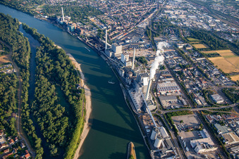 Oblique view of Large power plant Mannheim GKM from the south in the district Neckarau in Mannheim in the state Baden-Wuerttemberg, Germany