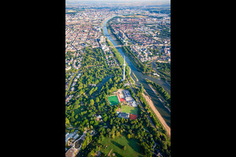 Aerial view of Luisenpark Mannheim with telecommunications tower Mannheim on the Neckar, part of the Federal Garden Show 2023 BUGA23 in the district Oststadt in Mannheim in the state Baden-Wuerttemberg, Germany