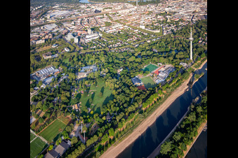 Oblique view of Luisenpark Mannheim with telecommunications tower Mannheim on the Neckar, part of the Federal Garden Show 2023 BUGA23 in the district Oststadt in Mannheim in the state Baden-Wuerttemberg, Germany