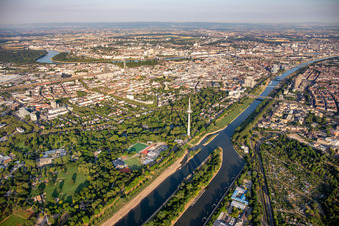 Luisenpark Mannheim with telecommunications tower Mannheim on the Neckar, part of the Federal Garden Show 2023 BUGA23 in the district Oststadt in Mannheim in the state Baden-Wuerttemberg, Germany from above