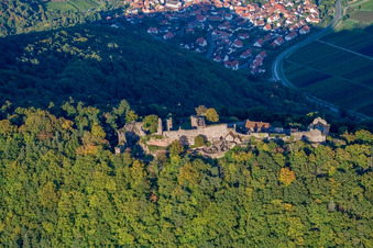 Aerial photograpy of Madenburg castle ruins from the west in Eschbach in the state Rhineland-Palatinate, Germany