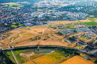 Spinelli Park behind the BUGA23 lake of the Federal Garden Show Mannheim BUGA 2023 in the district Feudenheim in Mannheim in the state Baden-Wuerttemberg, Germany