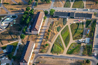 Aerial view of Welcome area of the Spinelli Park of the Federal Garden Show Mannheim BUGA 2023 in the district Feudenheim in Mannheim in the state Baden-Wuerttemberg, Germany