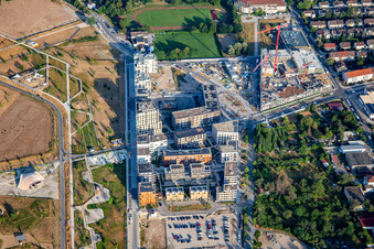 Aerial view of Symphonic Garden, The Mirror Garden, Grave Design and Memorial in Spinelli Park of the Federal Garden Show Mannheim BUGA 2023 in the district Käfertal in Mannheim in the state Baden-Wuerttemberg, Germany