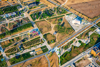 Symphonic Garden, The Mirror Garden, Grave Design and Memorial Special Stonemasonry and Sculpture Works Made of Natural Stone, Flower Ribbon Environment, Hectares for Nectar, SDG 15: Life on Land, Pavilion of the Rhine-Neckar Metropolitan Region, Bionic Wood Pavilion, SDG 13: Climate Action in Spinelli Park of the Federal Garden Show Mannheim BUGA 2023 in the district Käfertal in Mannheim in the state Baden-Wuerttemberg, Germany