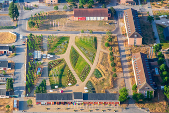 Aerial photograpy of Welcome area of the Spinelli Park of the Federal Garden Show Mannheim BUGA 2023 in the district Feudenheim in Mannheim in the state Baden-Wuerttemberg, Germany