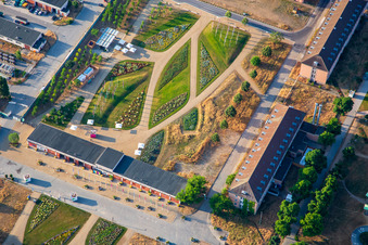 Welcome area of the Spinelli Park of the Federal Garden Show Mannheim BUGA 2023 in the district Feudenheim in Mannheim in the state Baden-Wuerttemberg, Germany from above