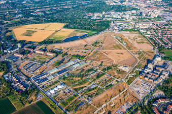 Overview from the north of Spinelli Park of the Federal Garden Show Mannheim BUGA 2023 in the district Feudenheim in Mannheim in the state Baden-Wuerttemberg, Germany