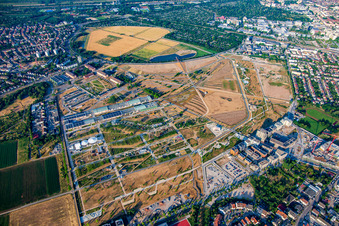 Overview from the north of Spinelli Park of the Federal Garden Show Mannheim BUGA 2023 in the district Käfertal in Mannheim in the state Baden-Wuerttemberg, Germany