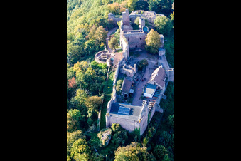 Aerial photograpy of Ruins and vestiges of the former castle and fortress Madenburg in Eschbach in the state Rhineland-Palatinate
