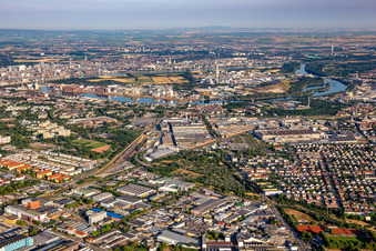 Aerial view of Friesenheim Island in the district Luzenberg in Mannheim in the state Baden-Wuerttemberg, Germany