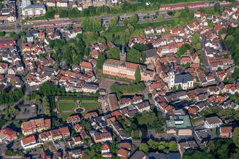 Aerial view of Palace Erbach, pleasure garden Erbach and town church Erbach from the east in the district Lauerbach in Erbach in the state Hesse, Germany