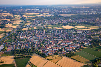Overview of the town on the A6 from the north in the district Wallstadt in Mannheim in the state Baden-Wuerttemberg, Germany