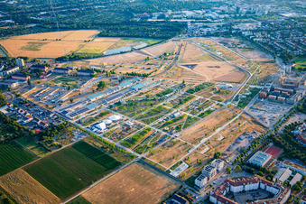 Overview from the northwest of Spinelli Park of the Federal Garden Show Mannheim BUGA 2023 in the district Käfertal in Mannheim in the state Baden-Wuerttemberg, Germany