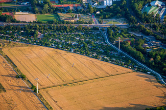 Aerial photograpy of Cable car from Spinelli to Luisen-Park of the Federal Garden Show Mannheim BUGA 2023 in the district Feudenheim in Mannheim in the state Baden-Wuerttemberg, Germany