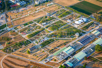 Aerial photograpy of EXPERIMENTAL FIELD in Spinelli Park at the Federal Garden Show Mannheim BUGA 2023 in the district Feudenheim in Mannheim in the state Baden-Wuerttemberg, Germany