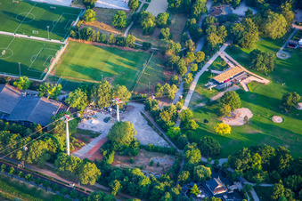Aerial view of Cable car station from Luisenpark to Spinelli Park of the Federal Garden Show Mannheim BUGA 2023 in the district Oststadt in Mannheim in the state Baden-Wuerttemberg, Germany