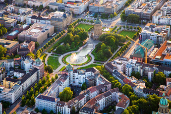 Aerial view of Congress Center Rosengarten and Water Tower in the district Oststadt in Mannheim in the state Baden-Wuerttemberg, Germany