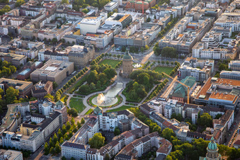 Aerial photograpy of Congress Center Rosengarten and Water Tower in the district Oststadt in Mannheim in the state Baden-Wuerttemberg, Germany