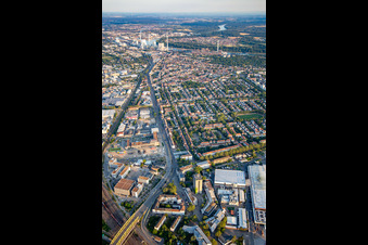 Aerial view of Neckarauerstraße from the north in the district Neckarau in Mannheim in the state Baden-Wuerttemberg, Germany
