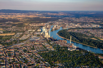 Aerial view of Large power plant Mannheim GKM from the north in the district Neckarau in Mannheim in the state Baden-Wuerttemberg, Germany