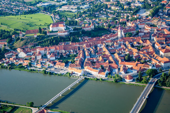 Aerial photograpy of Old town from the south behind the bridges over the Drava/Dravo in Ptuj in the state Slovenia, Slovenia