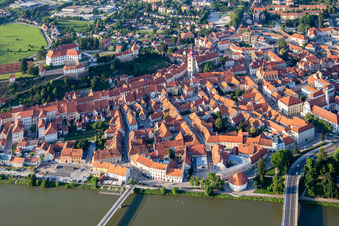 Oblique view of Old town from the south behind the bridges over the Drava/Dravo in Ptuj in the state Slovenia, Slovenia
