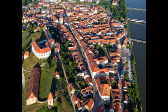 Aerial view of Prešernova ulica under the castle in Ptuj in the state Slovenia, Slovenia