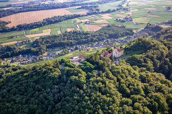 Aerial view of Church of Župnijska cerkev sv. Marije Vnebovzete and Café Huda Liza on the Vurberg in Duplek in the state Slovenia, Slovenia