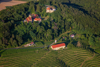Church of Župnijska cerkev sv. Marije Vnebovzete and Café Huda Liza on the Vurberg in Duplek in the state Slovenia, Slovenia from above