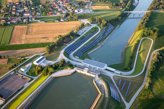 Aerial photograpy of Hydropower plant HE Zlatoličje with photovoltaic panels on the embankment of the Drava Canal HE Zlatoličje in Starše in the state Slovenia, Slovenia