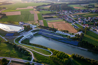 Oblique view of Hydropower plant HE Zlatoličje with photovoltaic panels on the embankment of the Drava Canal HE Zlatoličje in Starše in the state Slovenia, Slovenia