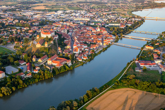 Aerial view of Bridges over the Drava River on the banks of the Old Town in Ptuj in the state Slovenia, Slovenia
