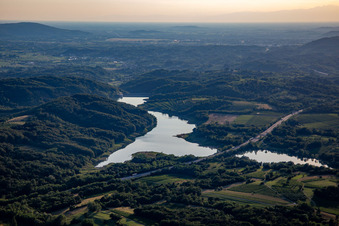 Aerial view of Vogrscek reservoir under the motorway bridge in Ajdovščina in the state Slovenia, Slovenia
