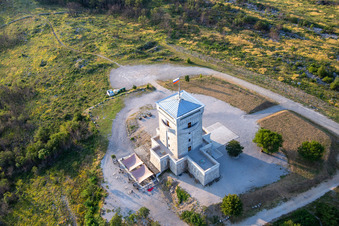 Cerje watchtower on the hill chain / Drevored hvaležnosti in Miren-Kostanjevica in the state Slovenia, Slovenia from above
